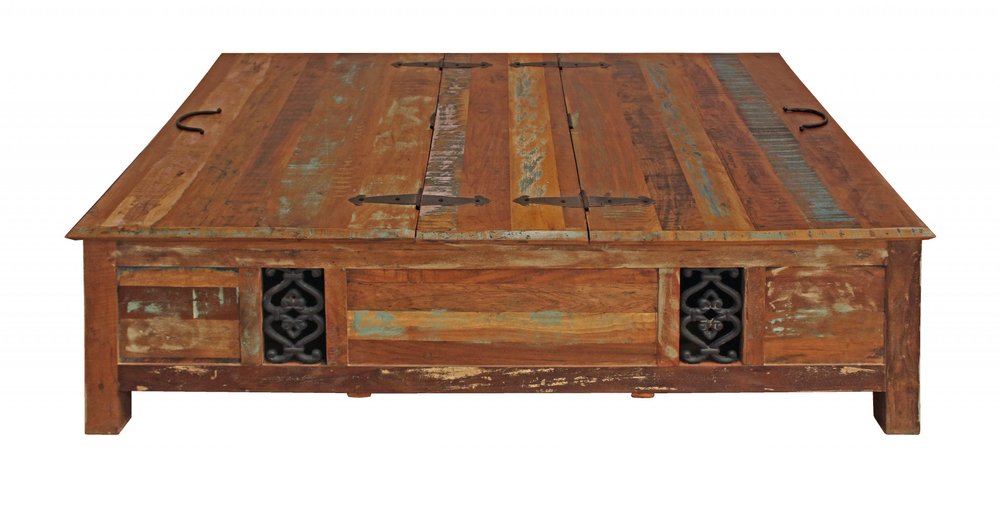 60" Green and Brown Solid Wood Distressed Lift Top Solid Coffee Table