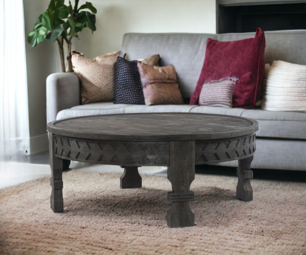 42" Gray Solid Wood Round Coffee Table