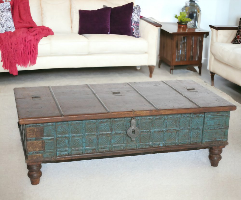 50" Brown and Green Solid Wood Lift Top Coffee Table