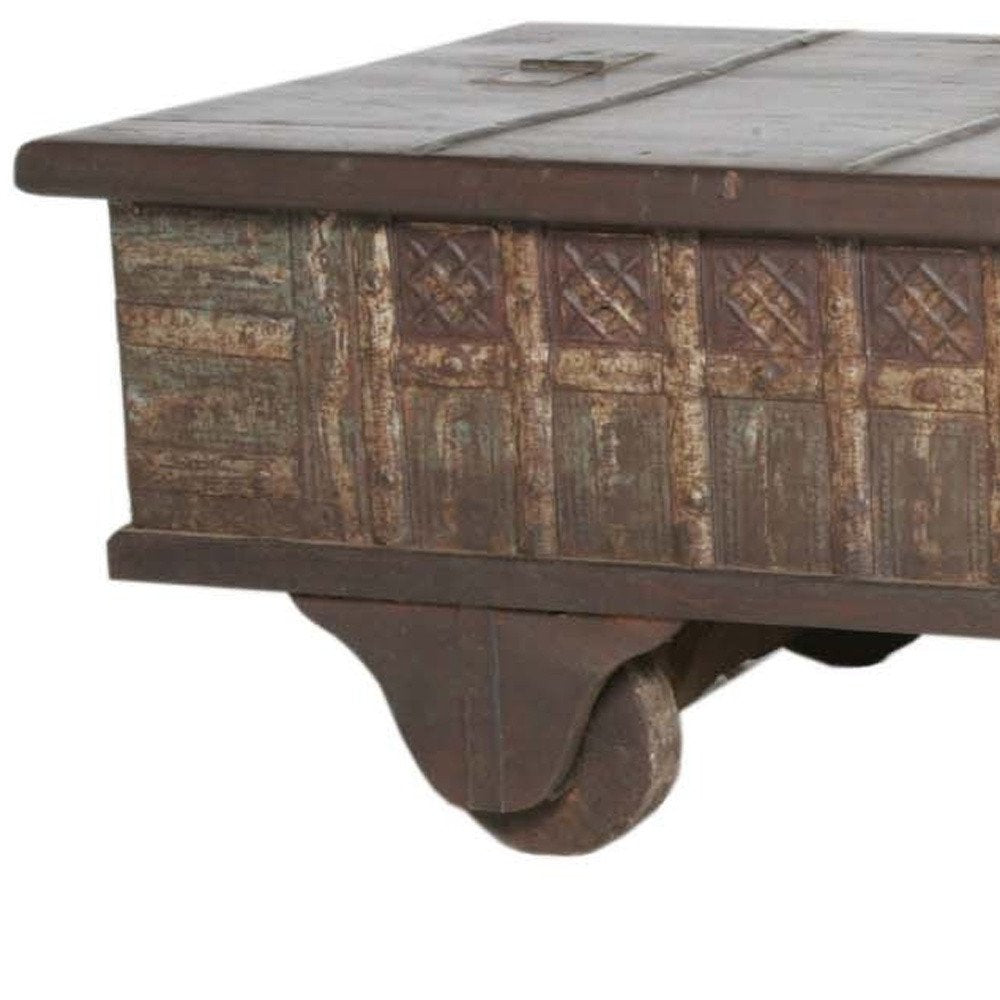 50" Brown Solid Wood Lift Top Wheel Coffee Table