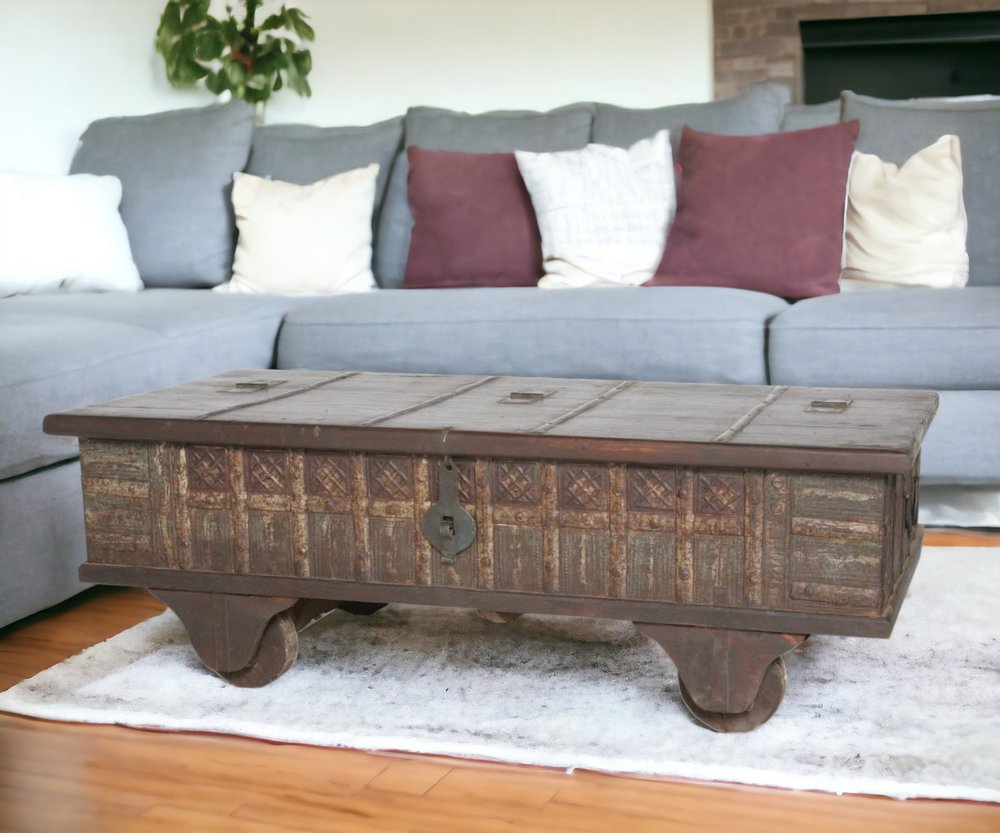 50" Brown Solid Wood Lift Top Wheel Coffee Table
