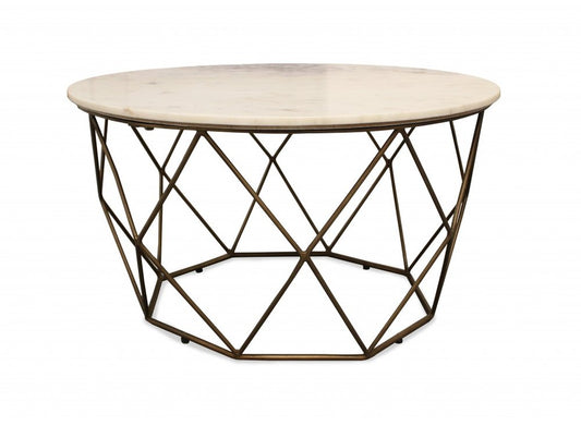 32" Ivory and Brass Genuine Marble and Metal Round Frame Coffee Table