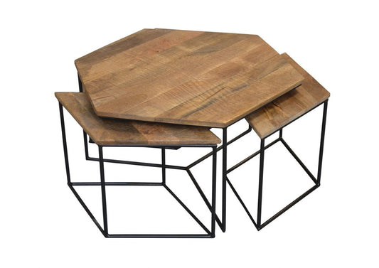 Set of Four Brown and Black Solid Wood and Iron Free Form Distressed Frame Nested Coffee Tables