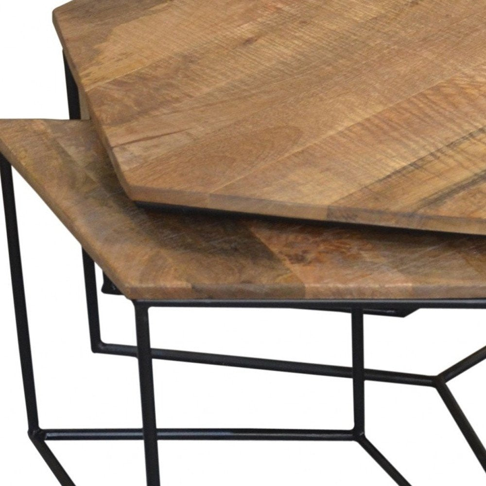 Set of Four Brown and Black Solid Wood and Iron Free Form Distressed Frame Nested Coffee Tables