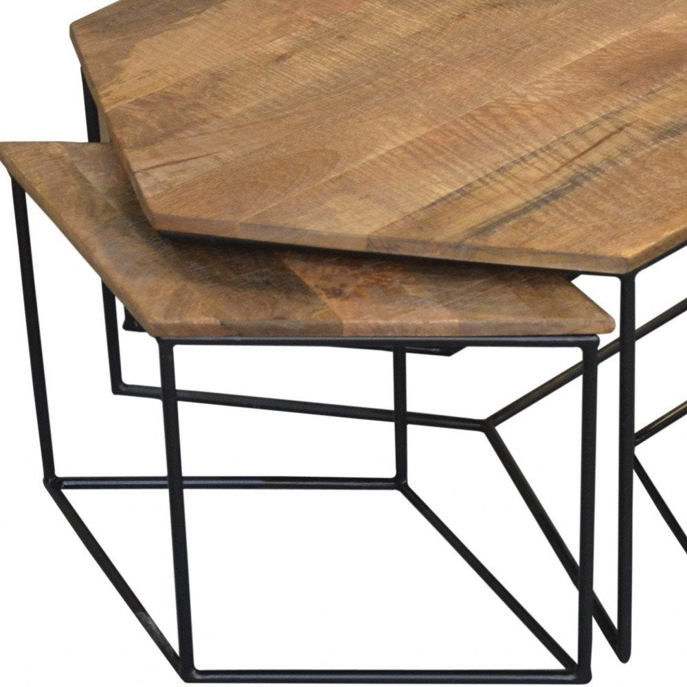 Set of Four Brown and Black Solid Wood and Iron Free Form Distressed Frame Nested Coffee Tables