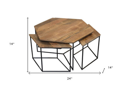 Set of Four Brown and Black Solid Wood and Iron Free Form Distressed Frame Nested Coffee Tables