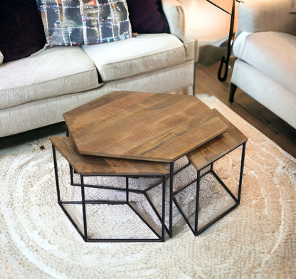 Set of Four Brown and Black Solid Wood and Iron Free Form Distressed Frame Nested Coffee Tables