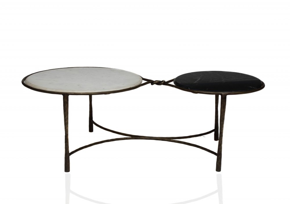 48" Black Ivory and Brass Genuine Marble and Iron Round Frame Coffee Table
