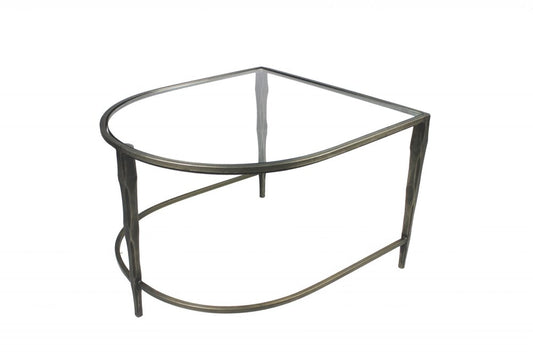 Set of Two Clear and Gold Glass and Iron Oval Frame Nested Coffee Tables