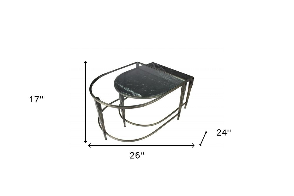 Set of Two Clear and Gold Glass and Iron Oval Frame Nested Coffee Tables