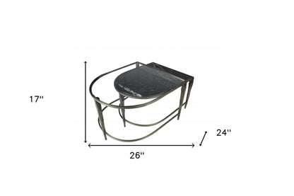 Set of Two Clear and Gold Glass and Iron Oval Frame Nested Coffee Tables