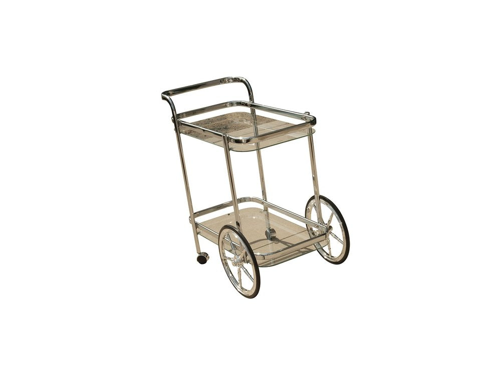 28" Silver Metal And Glass Rolling Trolley Bar Cart