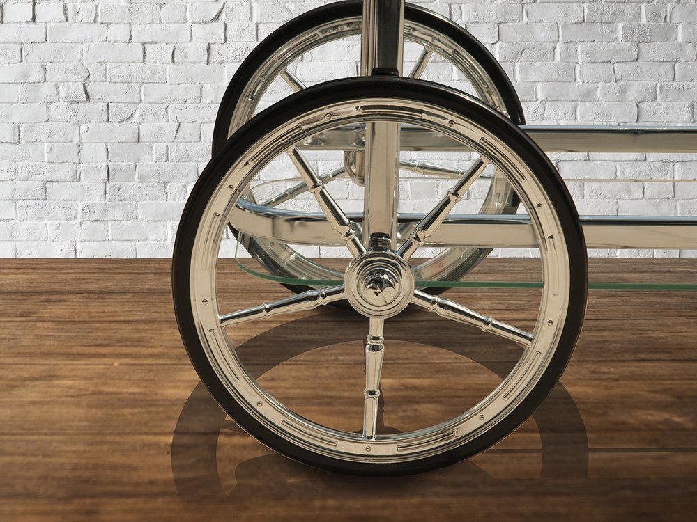 28" Silver Metal And Glass Rolling Trolley Bar Cart