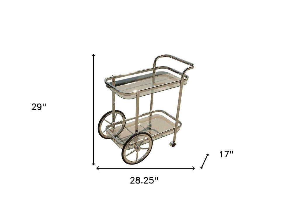28" Silver Metal And Glass Rolling Trolley Bar Cart