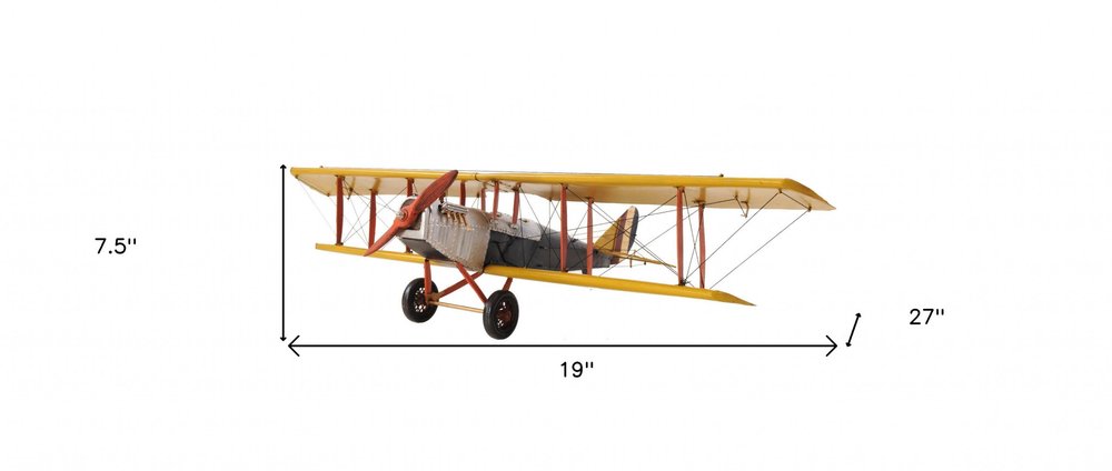 8" Yellow Red And Gray Metal Hand Painted Air Plane