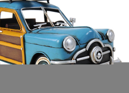 6" Blue And Yellow Metal Hand Painted Decorative Car