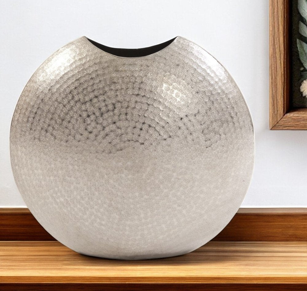14" Silver Hammered Round Aluminum Table Vase