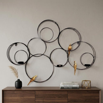 32" Black And Gold Metal Circles And Birds Hanging Sculpture With Votive Holders