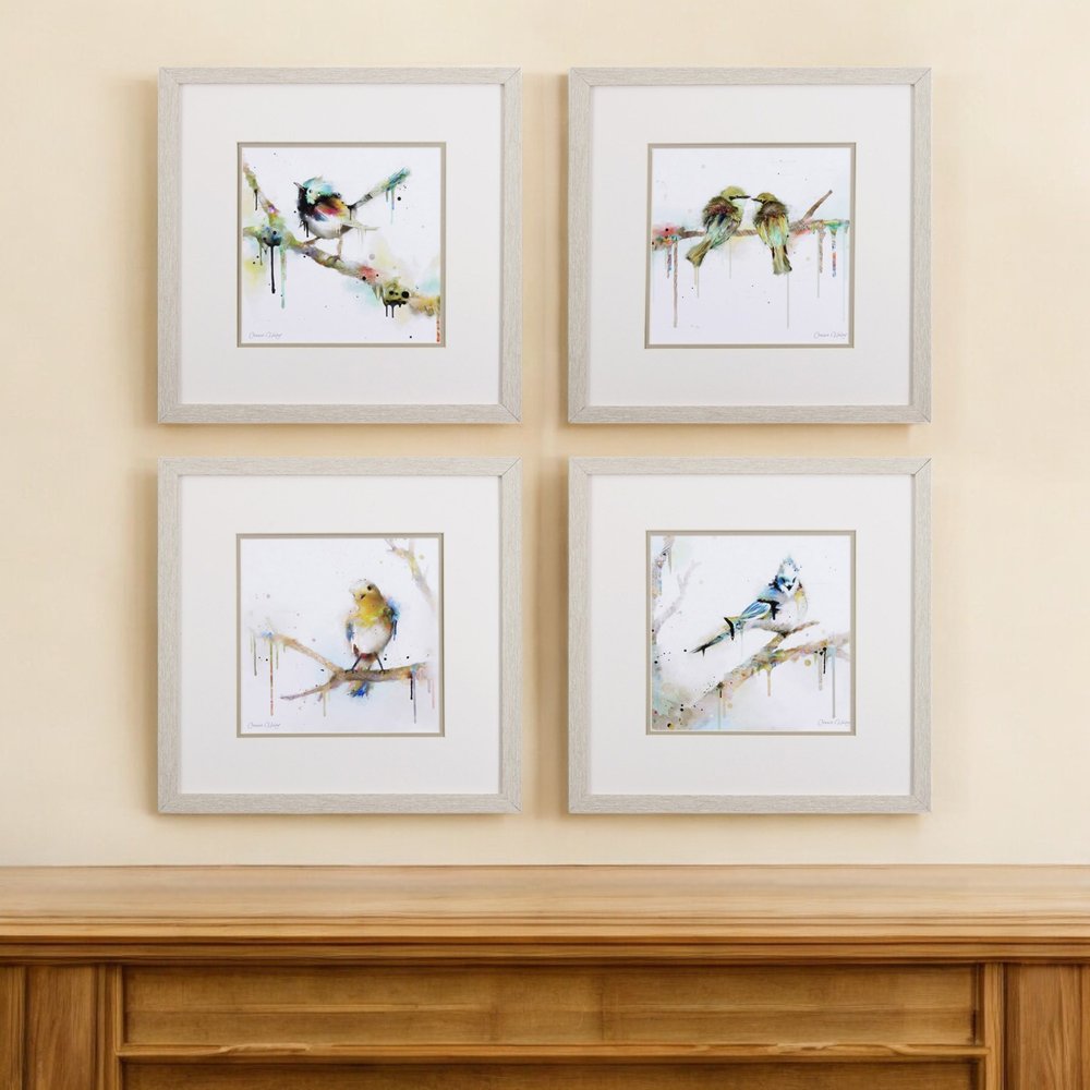 Set of Four Colorful Birds on Branches Wall Art