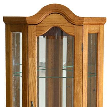 Golden Oak Scallop Top Lighted Corner Curio Cabinet