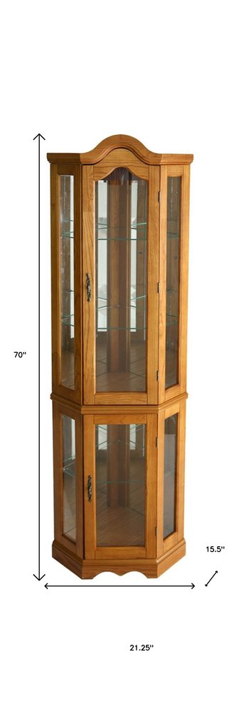 Golden Oak Scallop Top Lighted Corner Curio Cabinet