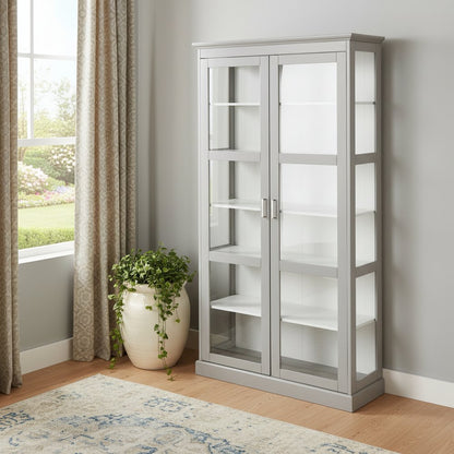 Gray Cornice Molding Double Door Curio Cabinet