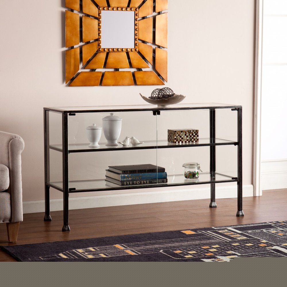 Rustic Black and Glass Double Door Cabinet
