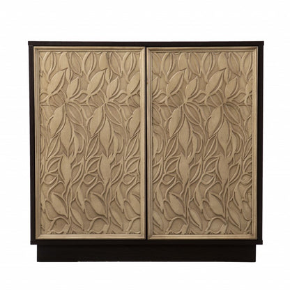 32" Dark Brown And Natural Carved Floral Sideboard with Two Doors