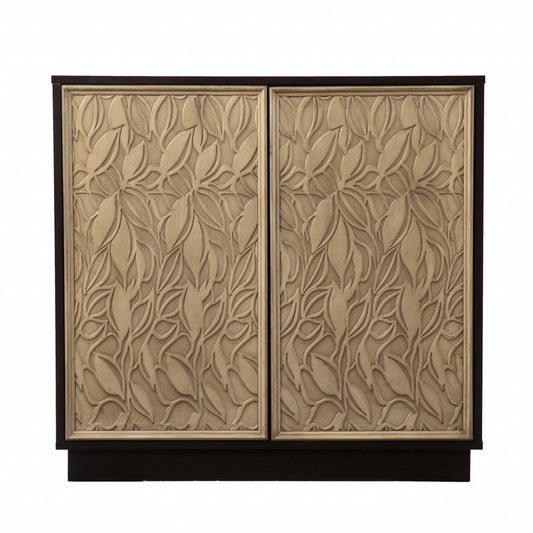 32" Dark Brown And Natural Carved Floral Sideboard with Two Doors