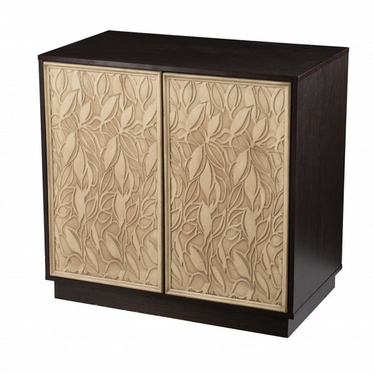 32" Dark Brown And Natural Carved Floral Sideboard with Two Doors