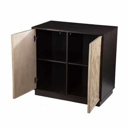 32" Dark Brown And Natural Carved Floral Sideboard with Two Doors