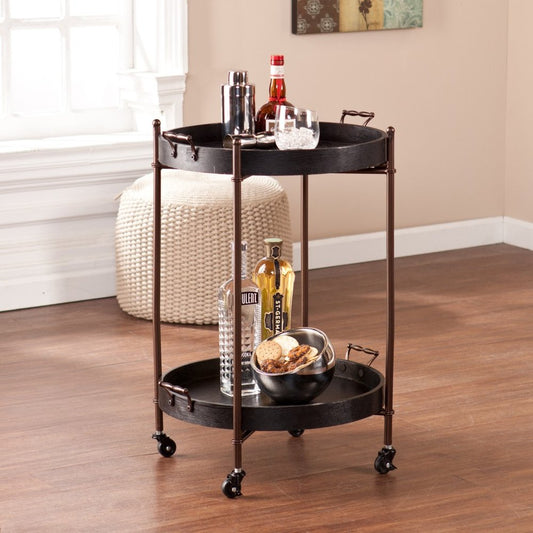 21" Black And Bronze Wood And Iron Round Rolling Bar Cart