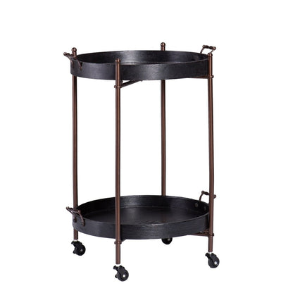 21" Black And Bronze Wood And Iron Round Rolling Bar Cart