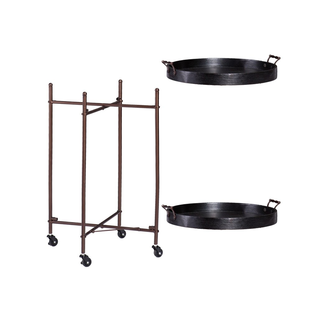21" Black And Bronze Wood And Iron Round Rolling Bar Cart