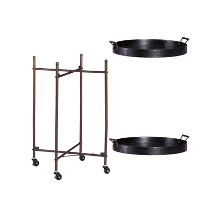 21" Black And Bronze Wood And Iron Round Rolling Bar Cart