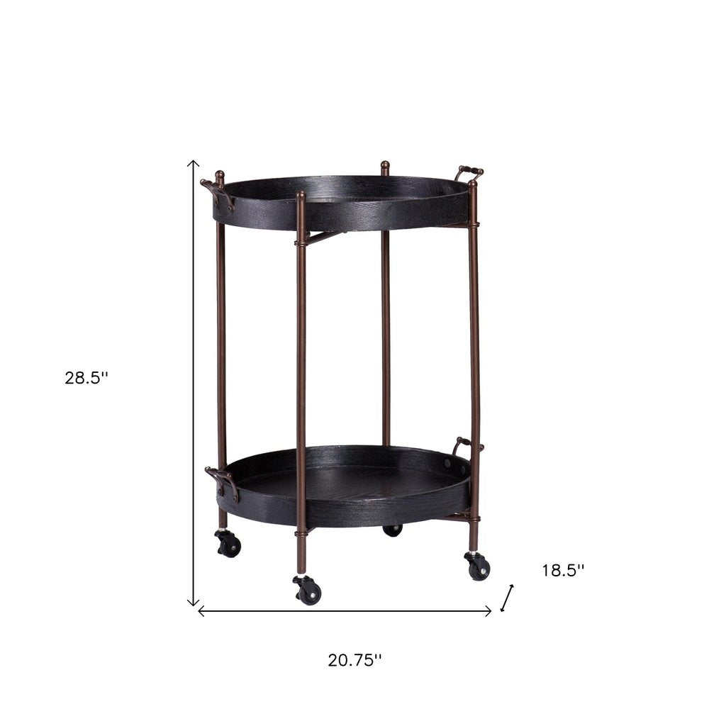 21" Black And Bronze Wood And Iron Round Rolling Bar Cart