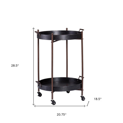 21" Black And Bronze Wood And Iron Round Rolling Bar Cart