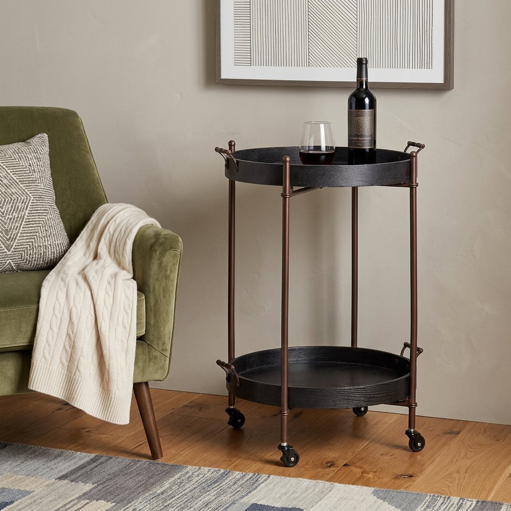 21" Black And Bronze Wood And Iron Round Rolling Bar Cart