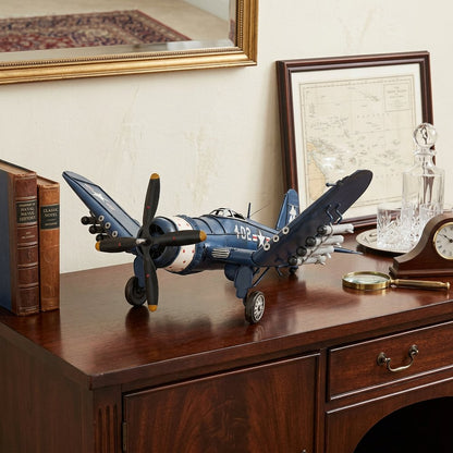 6" Blue Metal Hand Painted Model Airplane Tabletop Sculpture