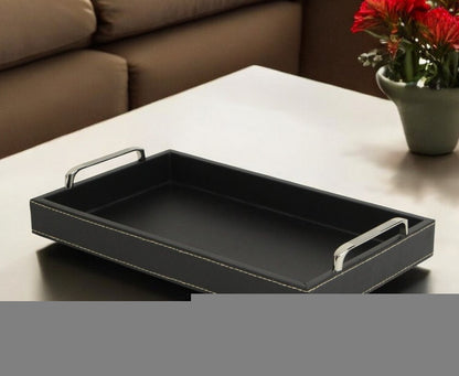Black Faux Leather Tray with Metal Handles