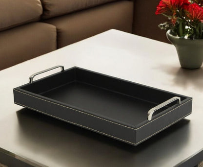Black Faux Leather Tray with Metal Handles