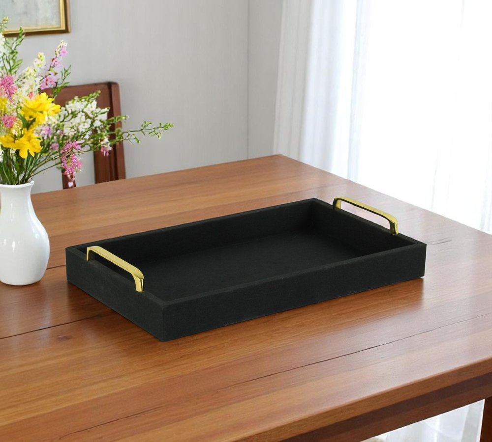 16" Black Wood And Linen Serving Tray With Handles