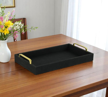 16" Black Wood And Linen Serving Tray With Handles