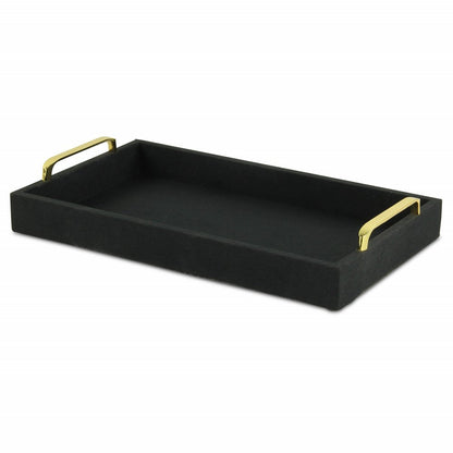 16" Black Wood And Linen Serving Tray With Handles