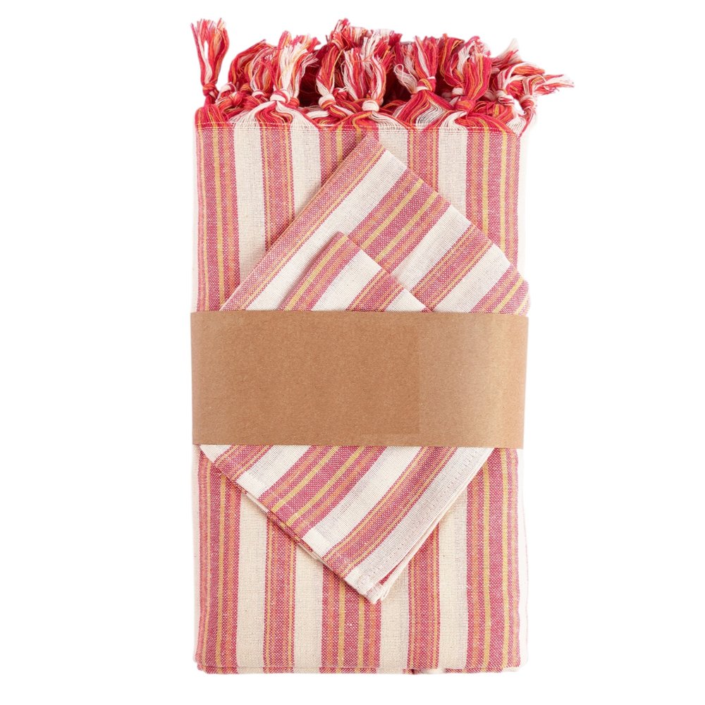 71" X 95" Red And White Striped Cotton Tablecloths