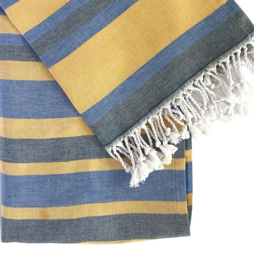 Denim Blue and Yellow Striped Turkish Towel Beach Blanket