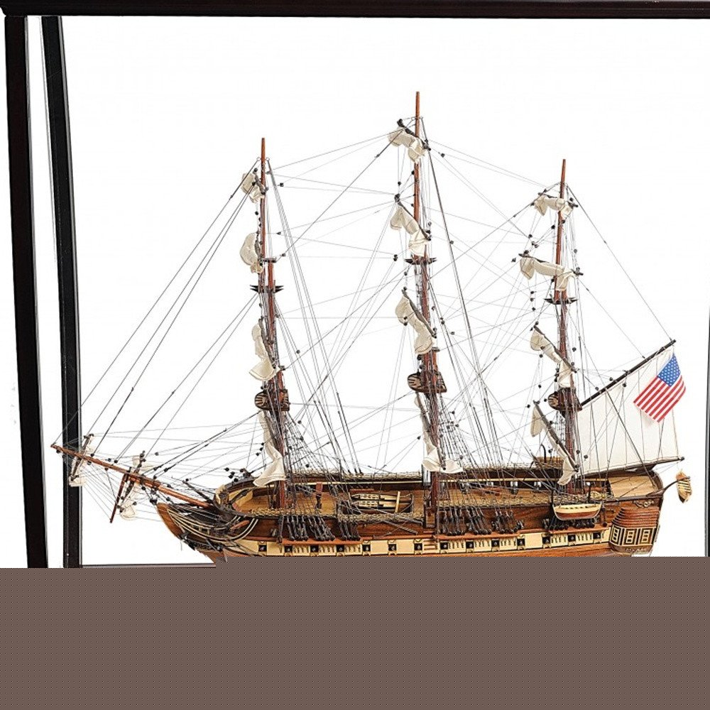39" Wood Brown Solid Wood Hand Painted 1797 USS Constitution Large Table Top Display Case Model Boat