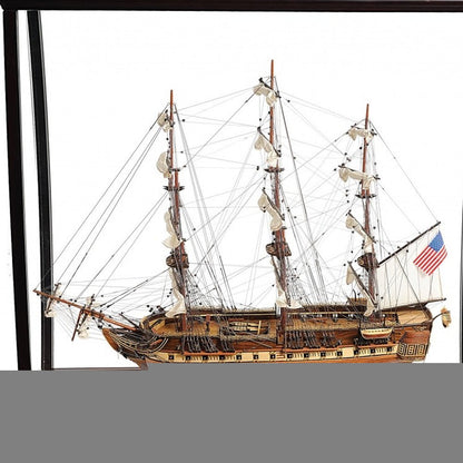 39" Wood Brown Solid Wood Hand Painted 1797 USS Constitution Large Table Top Display Case Model Boat