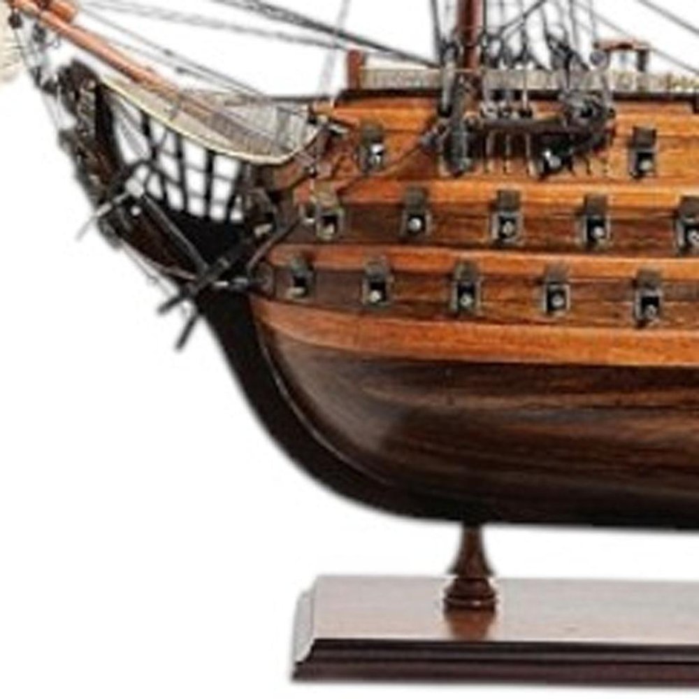 27" Wood Brown Solid Wood Hand Painted Model Boat Tabletop Sculpture