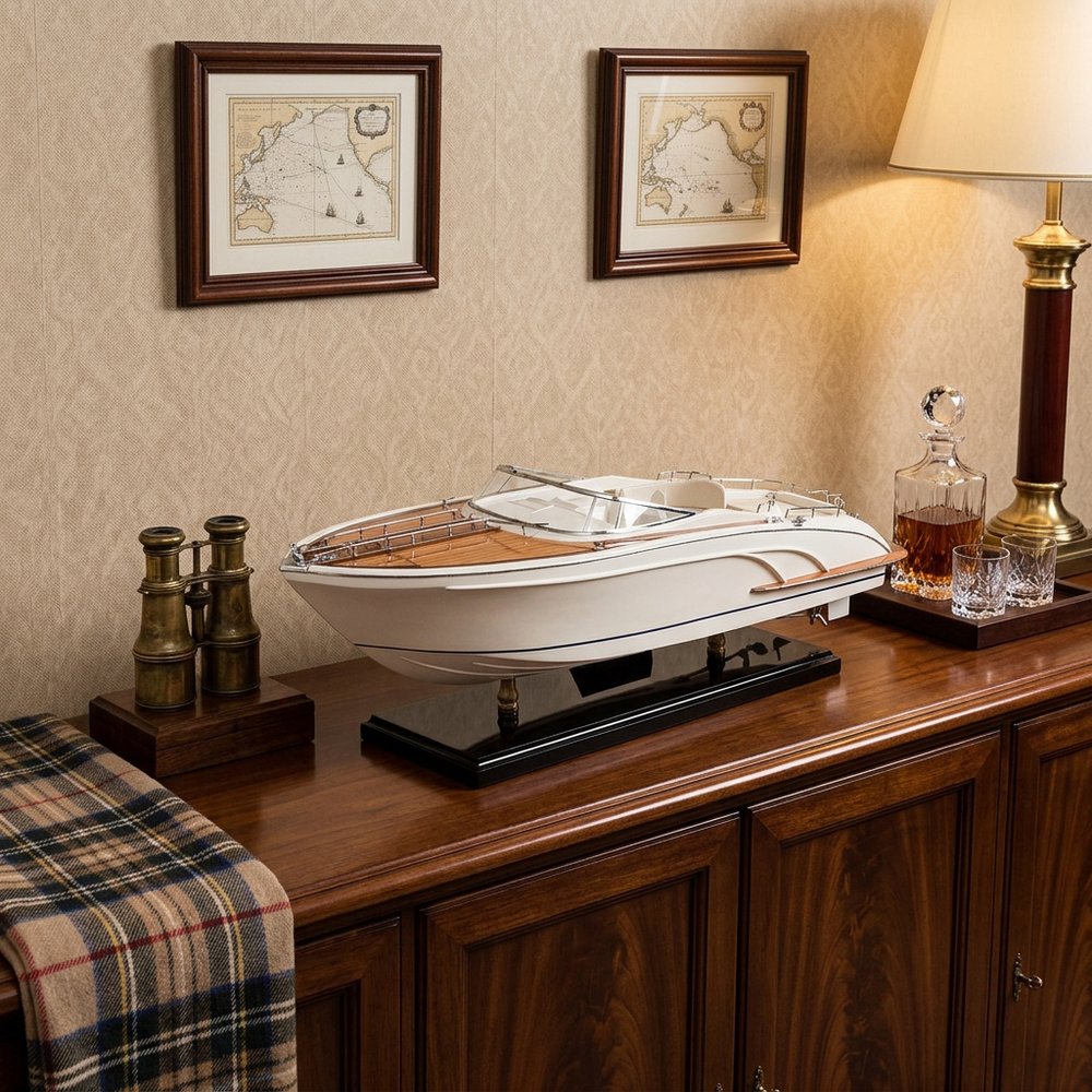 11" White Wood Yacht Model Sculpture